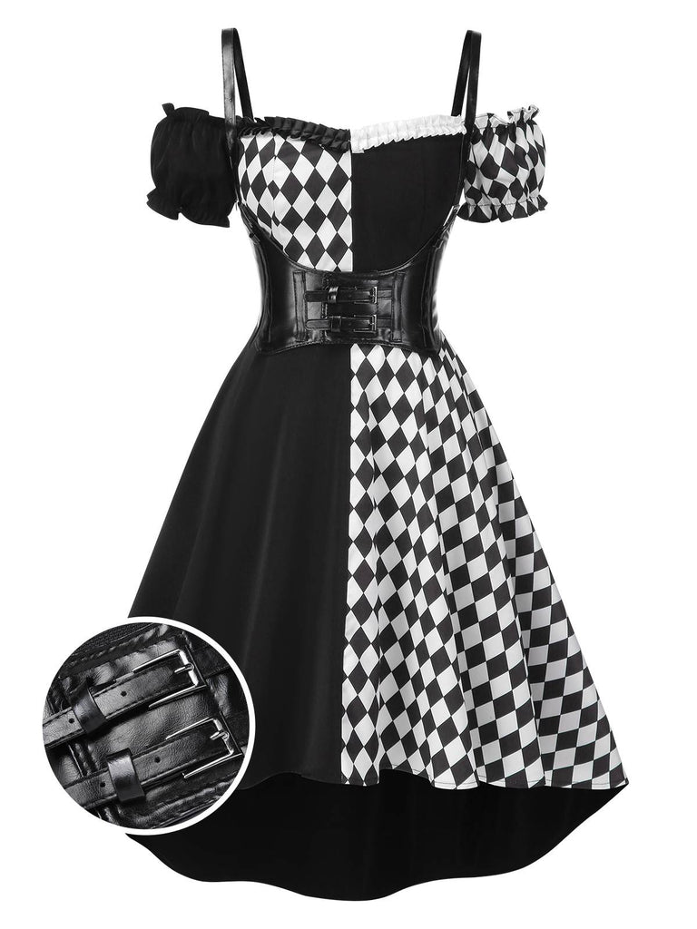 Schwarz 1950er Halloween Check Kleid & Leder Korsett