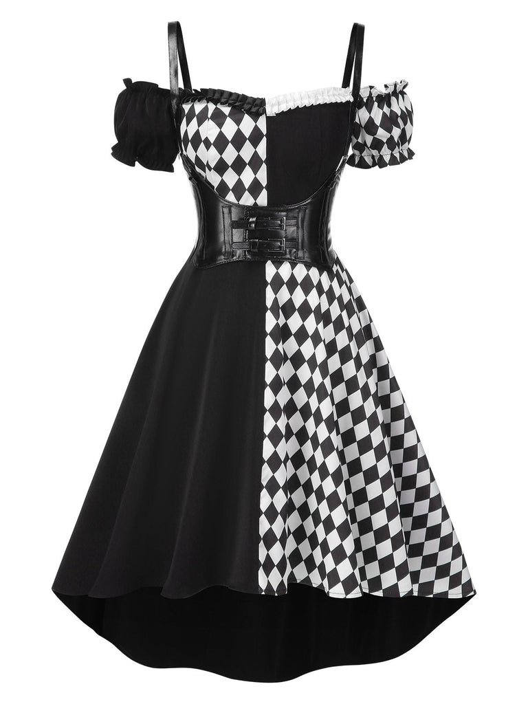 Schwarz 1950er Halloween Check Kleid & Leder Korsett