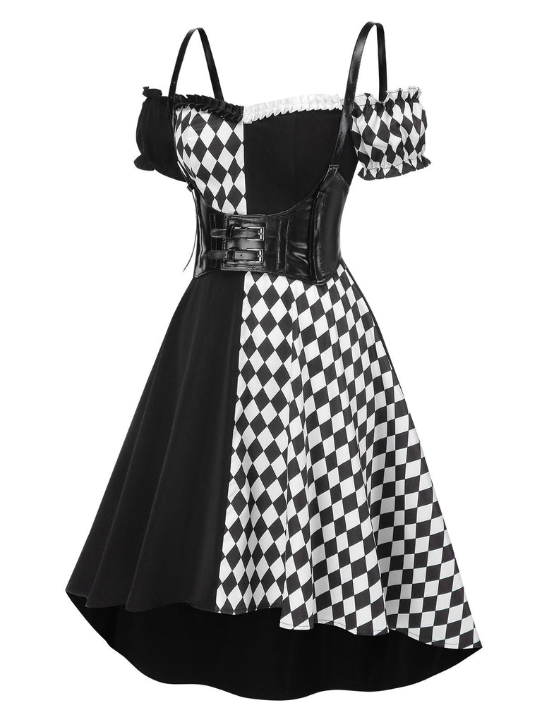 Schwarz 1950er Halloween Check Kleid & Leder Korsett