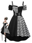 [Vorverkauf] Schwarz 1950er Halloween Check Kleid & Leder Korsett