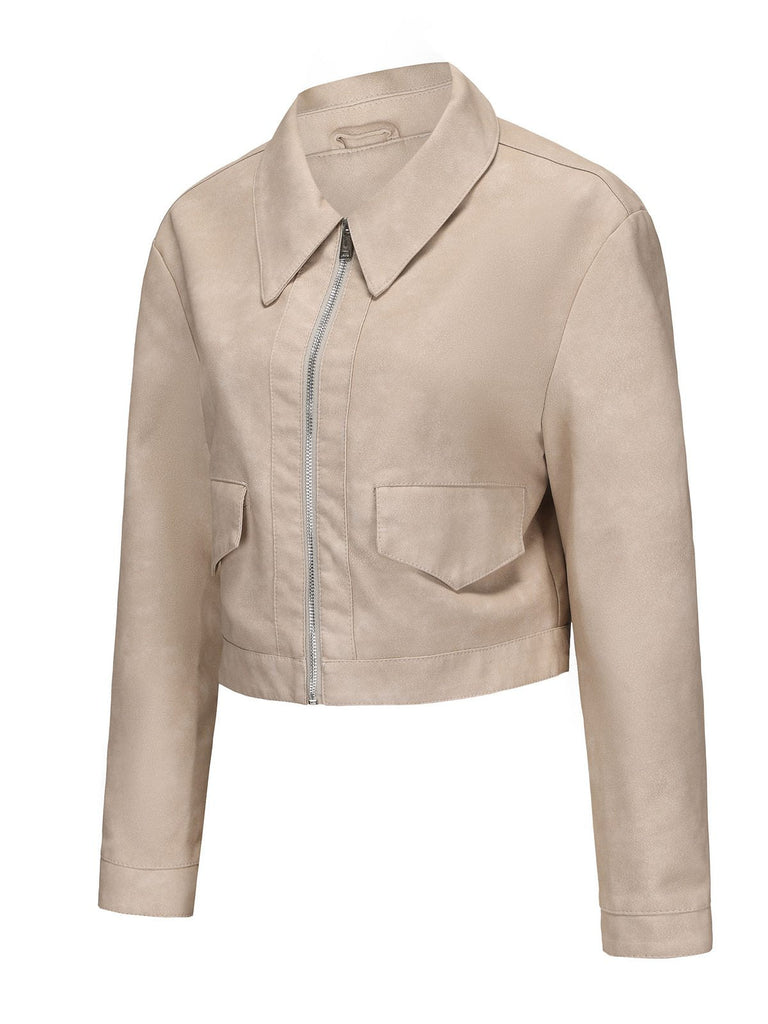 1950er Solide Revers Leder Langarm Jacke