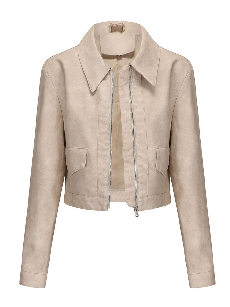 1950er Solide Revers Leder Langarm Jacke