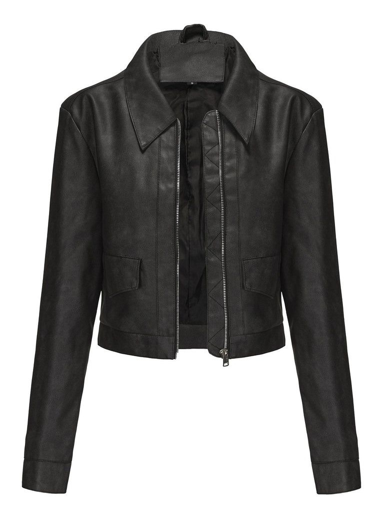 1950er Solide Revers Leder Langarm Jacke