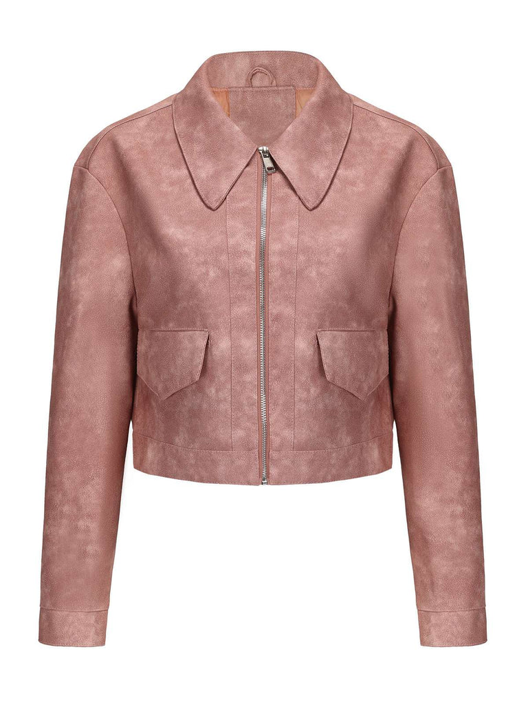 1950er Solide Revers Leder Langarm Jacke