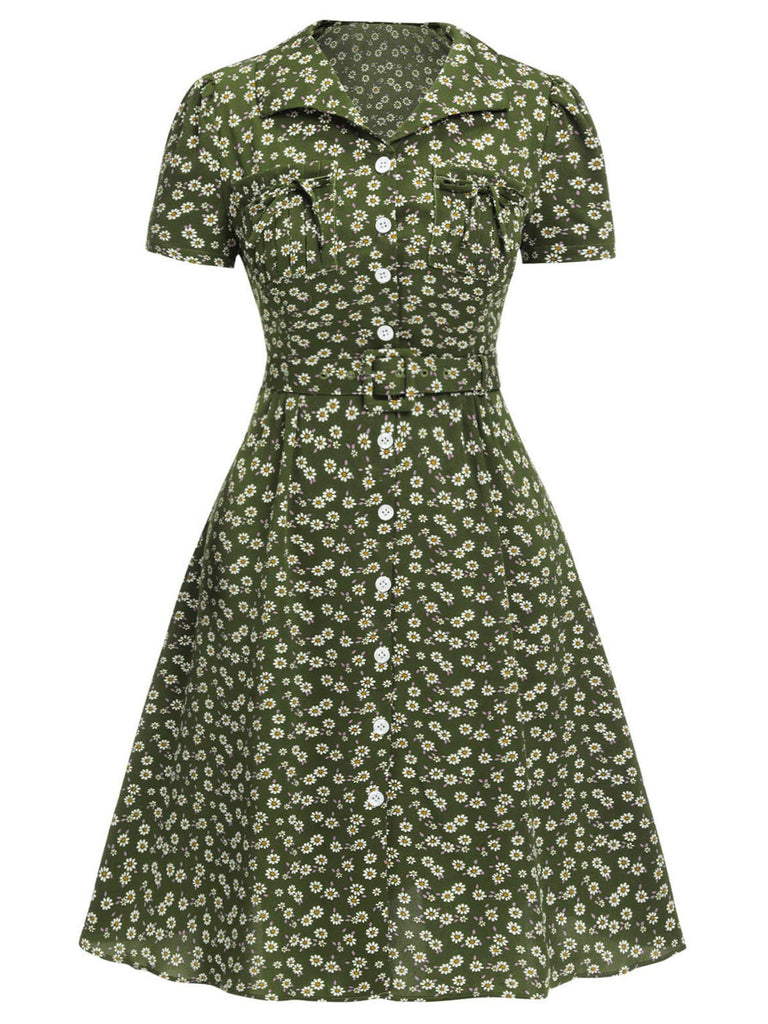 [Vorverkauf] [Übergröße] Grün 1940er Revers Tasten Kleine Blumen Kleid