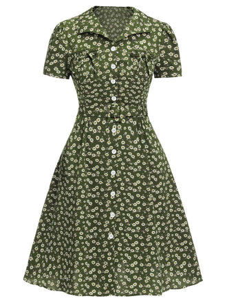 [Vorverkauf] [Übergröße] Grün 1940er Revers Tasten Kleine Blumen Kleid