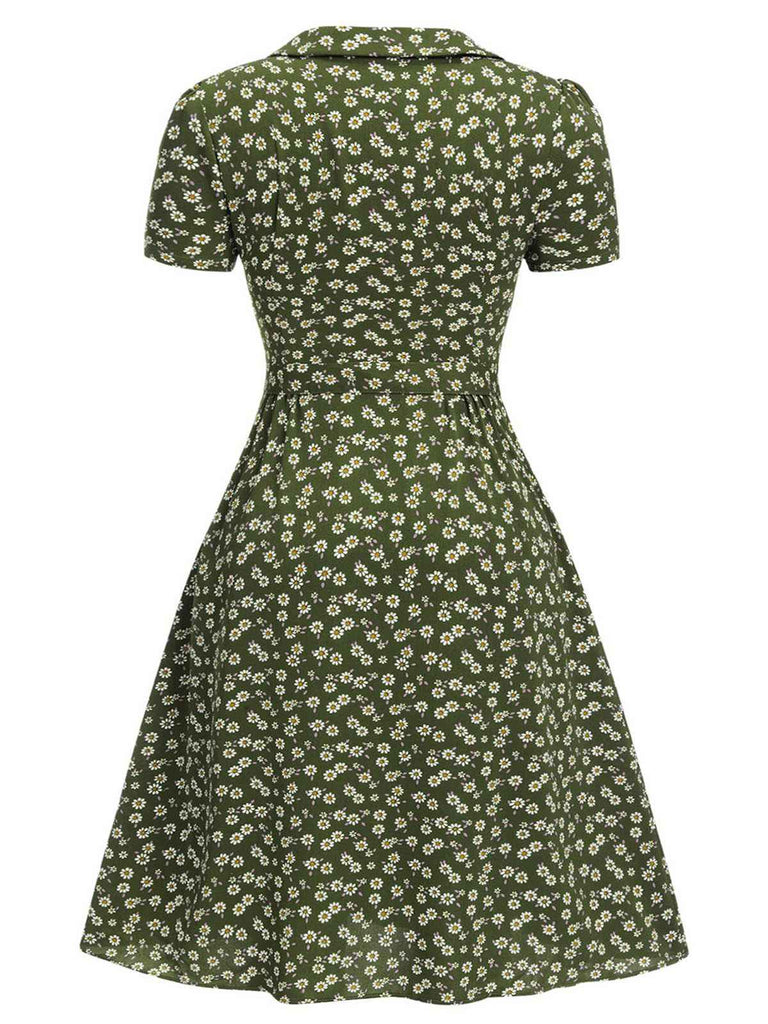 [Vorverkauf] [Übergröße] Grün 1940er Revers Tasten Kleine Blumen Kleid