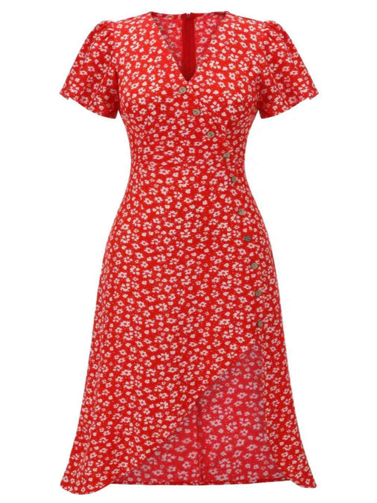 [Übergröße] Rot 1940er Blumen V-Ausschnitt Tasten Kleid