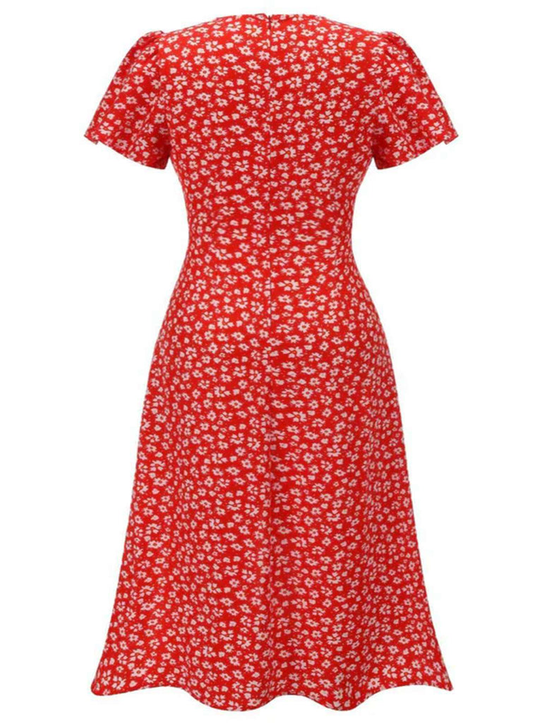 [Übergröße] Rot 1940er Blumen V-Ausschnitt Tasten Kleid