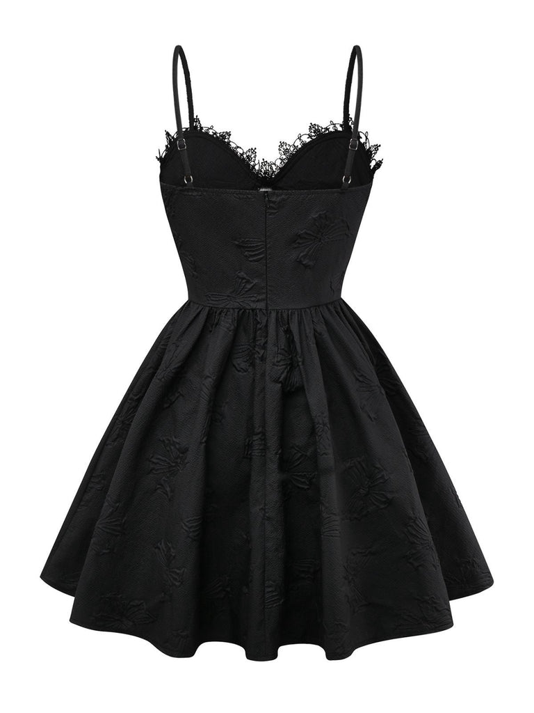 Schwarz 1960er Gothic 3D-Rose Jacquard Schnürung Kleid