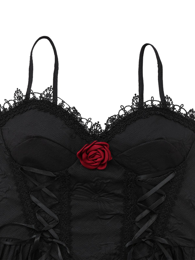 Schwarz 1960er Gothic 3D-Rose Jacquard Schnürung Kleid