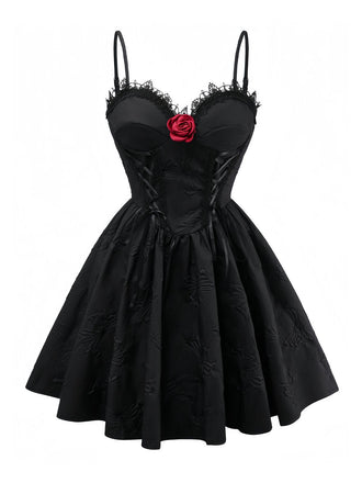 Schwarz 1960er Gothic 3D-Rose Jacquard Schnürung Kleid