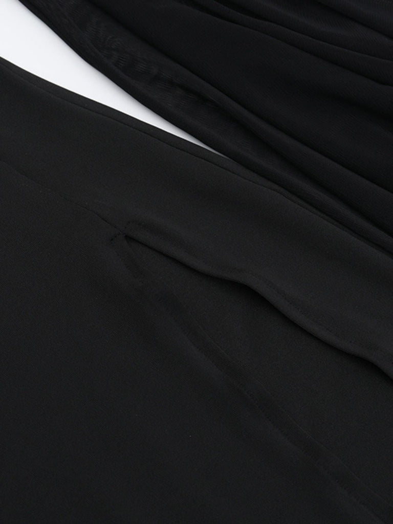 Schwarz 1980er Gothic Durchsichtig Ärmel Korsett Schlitz Kleid