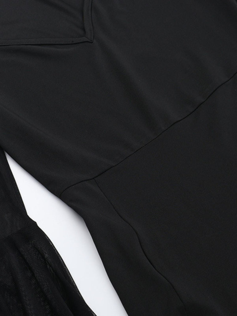 Schwarz 1980er Gothic Durchsichtig Ärmel Korsett Schlitz Kleid