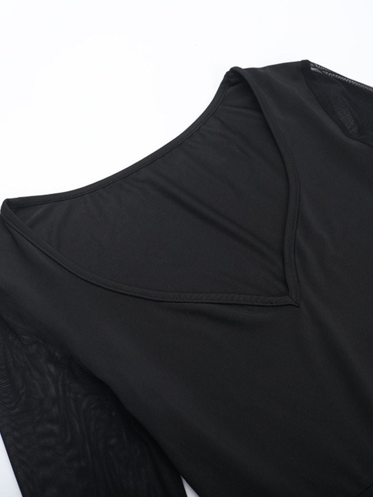 Schwarz 1980er Gothic Durchsichtig Ärmel Korsett Schlitz Kleid