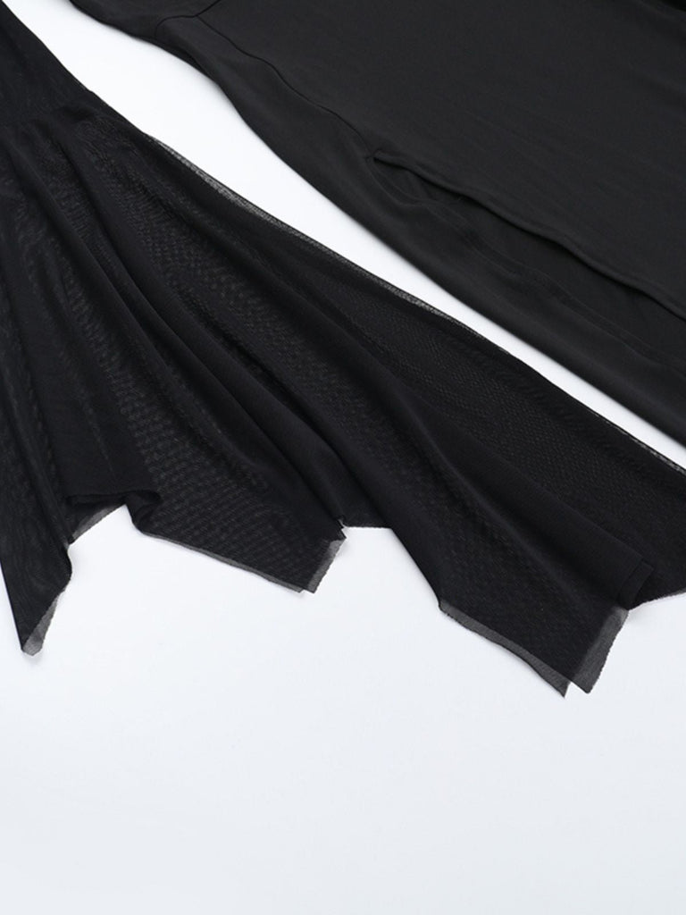 Schwarz 1980er Gothic Durchsichtig Ärmel Korsett Schlitz Kleid