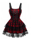 Rot 1980er Gothic Spitze Patchwork Plaid Kleid