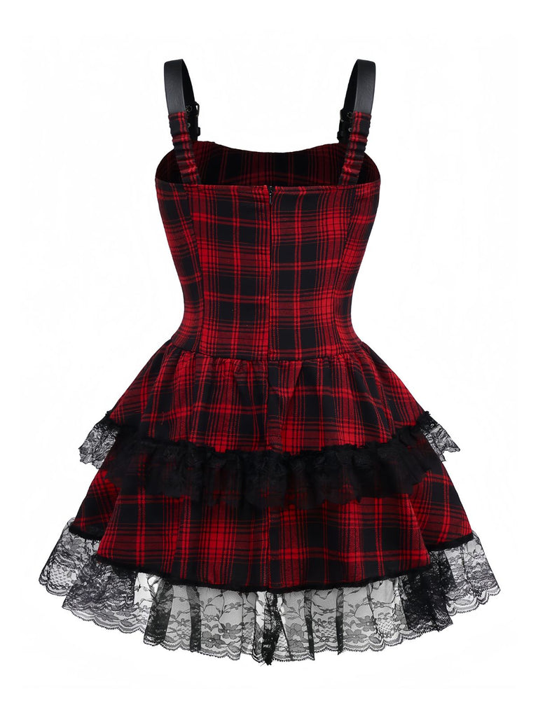 Rot 1980er Gothic Spitze Patchwork Plaid Kleid