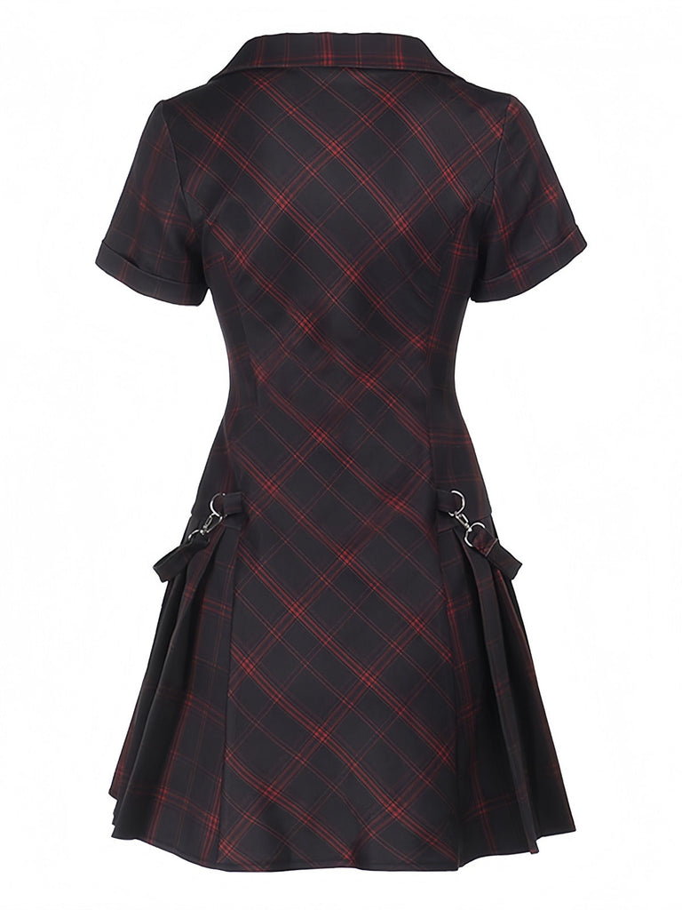 Weinrot 1960er Punk Revers A-Linie Plaid Kleid