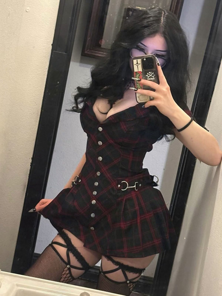 Weinrot 1960er Punk Revers A-Linie Plaid Kleid