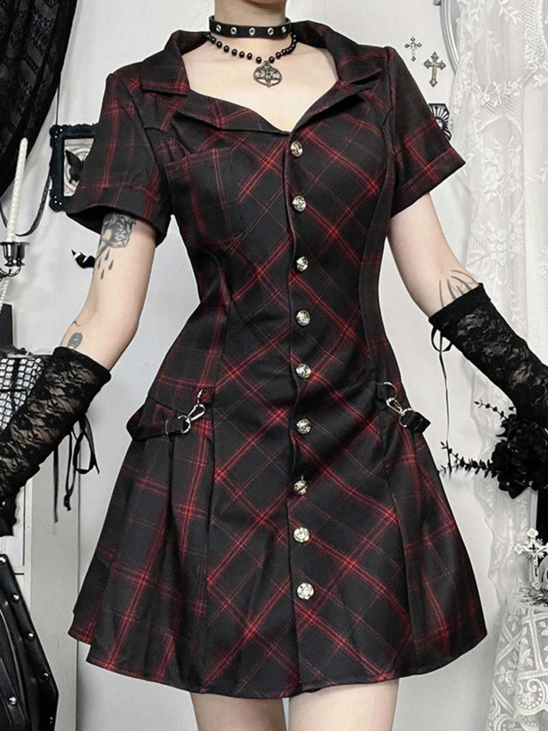 Weinrot 1960er Punk Revers A-Linie Plaid Kleid