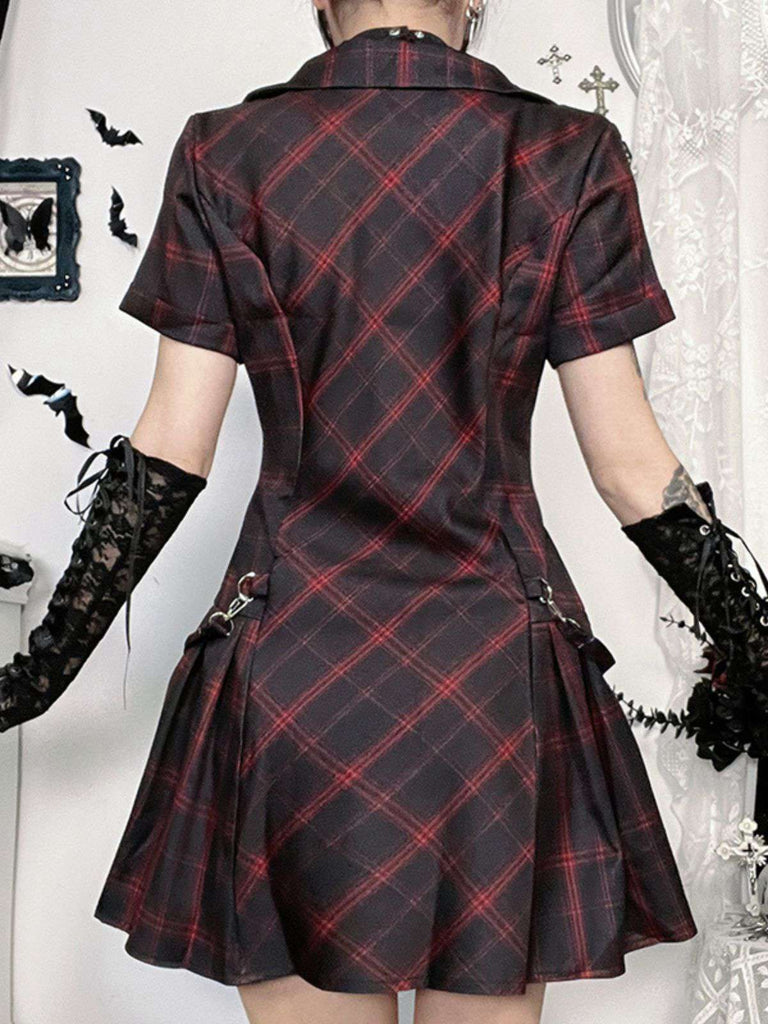Weinrot 1960er Punk Revers A-Linie Plaid Kleid
