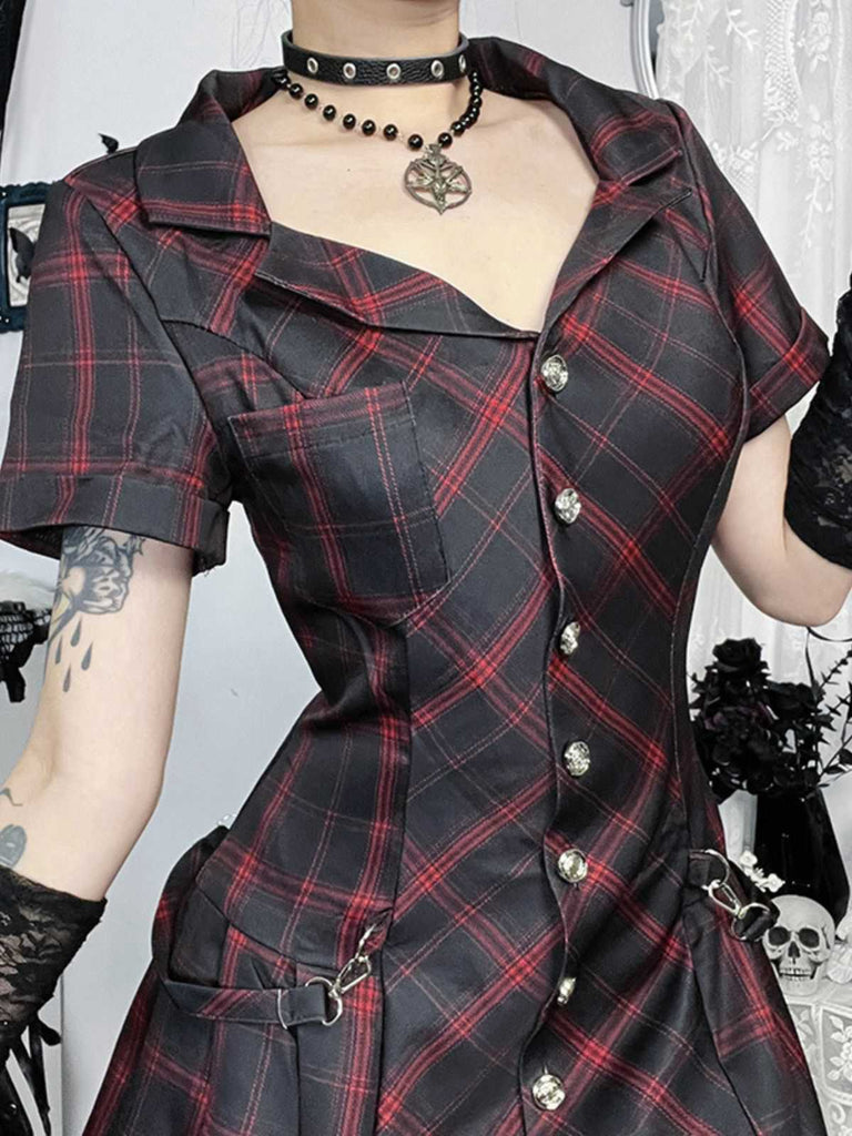 Weinrot 1960er Punk Revers A-Linie Plaid Kleid