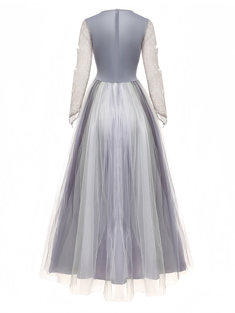 Grau 1930er Halloween Geisterbraut Netz Kleid