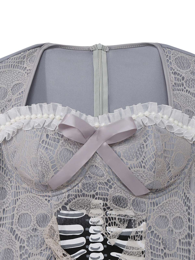 Grau 1930er Halloween Geisterbraut Netz Kleid