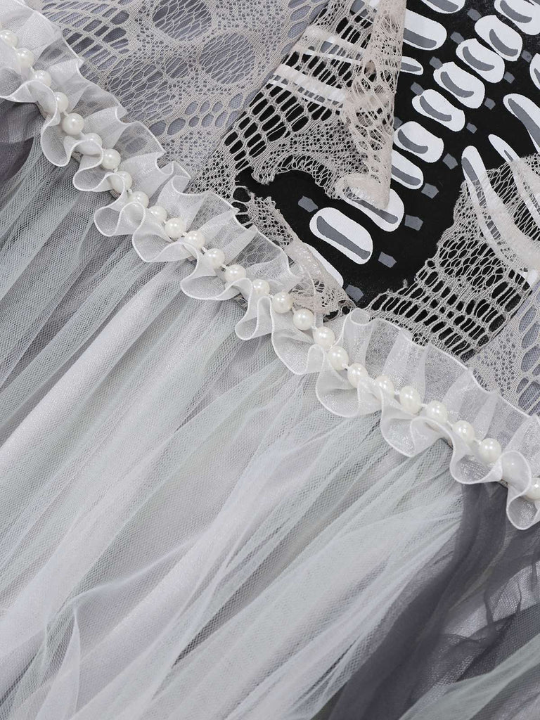 Grau 1930er Halloween Geisterbraut Netz Kleid