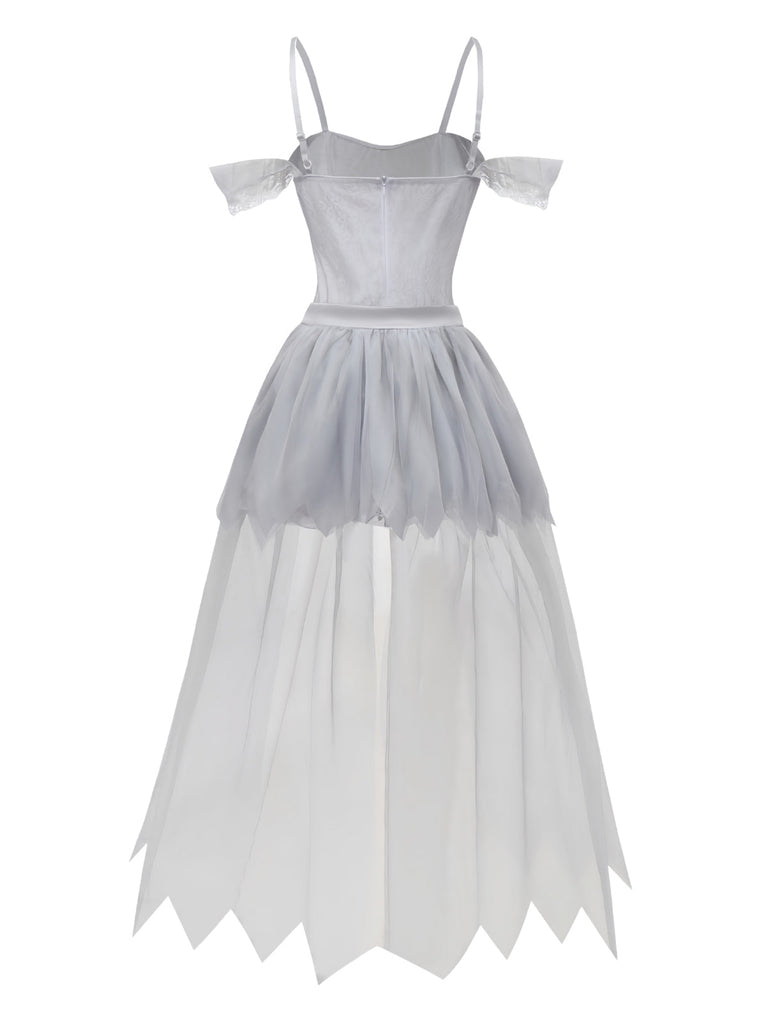 Weiß 1960er Halloween Zombie Braut Spitze Netz Kleid