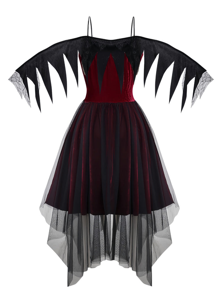 Burgund 1960er Gothic Netz Trägerlos Irregulär Saum Kleid