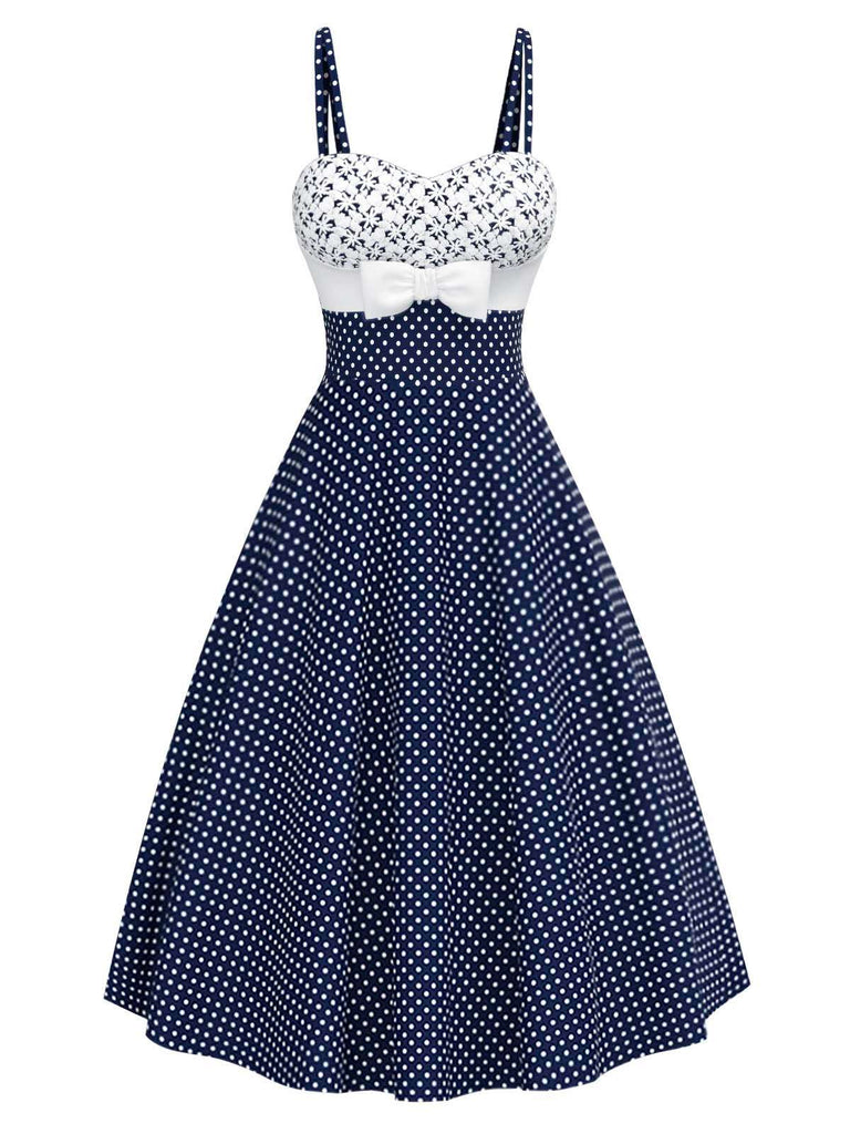 Blau 1950er Besticktes Blumen Tupfen Kleid