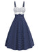 Blau 1950er Besticktes Blumen Tupfen Kleid
