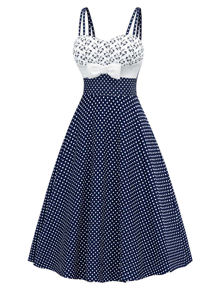 Blau 1950er Besticktes Blumen Tupfen Kleid