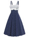 Blau 1950er Besticktes Blumen Tupfen Kleid
