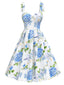 Blau 1950er Blumen Organza Schulter-Ties Kleid