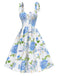Blau 1950er Blumen Organza Schulter-Ties Kleid