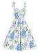 Blau 1950er Blumen Organza Schulter-Ties Kleid