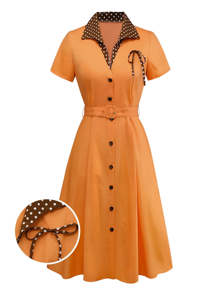 Orange 1940er Baumwolle Polka Dot Revers Bogen Kleid