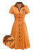Orange 1940er Baumwolle Polka Dot Revers Bogen Kleid