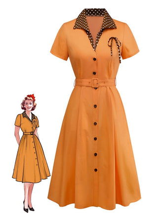 Orange 1940er Baumwolle Polka Dot Revers Bogen Kleid