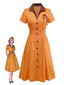 Orange 1940er Baumwolle Polka Dot Revers Bogen Kleid
