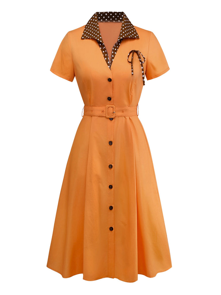 Orange 1940er Baumwolle Polka Dot Revers Bogen Kleid