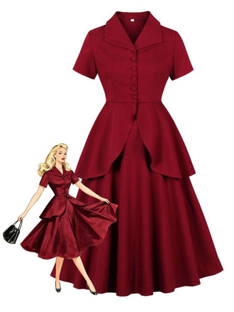 2PCS Rot 1950er Solide Rüschen Tasten Top & Rock