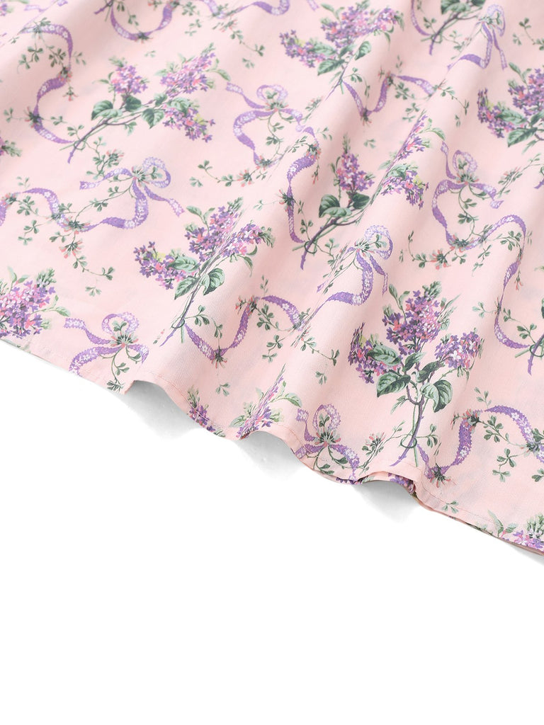 Rosa 1940er Lavendel Herzförmiger Hals Puffärmel Kleid