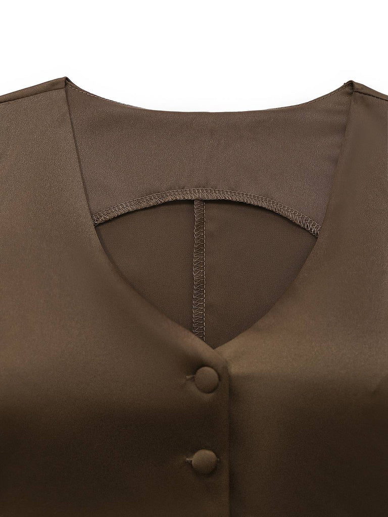 2PCS Braun 1930er Solide Satin Ärmellos Weste & Fischschwanz Rock