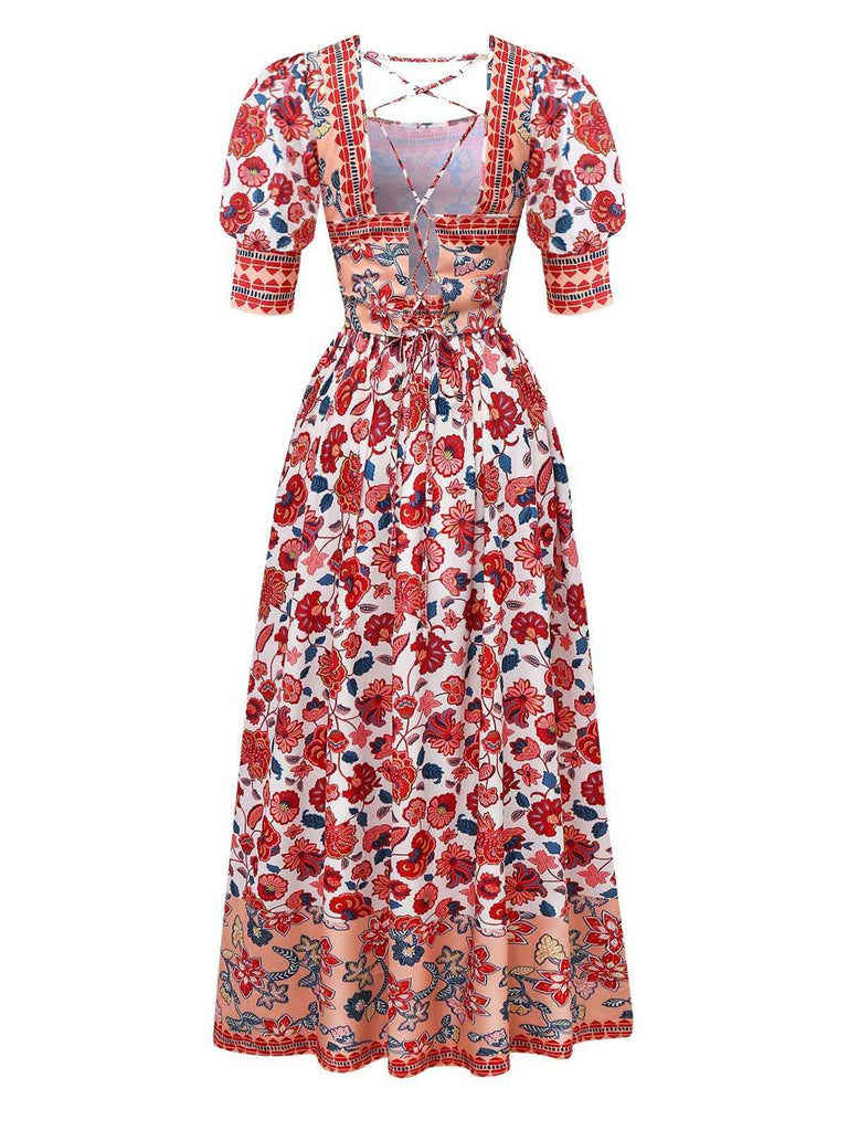 2PCS Rot 1930er Blumen Laternenärmel Ausgeschnitten Top & Gerüschtes Rock