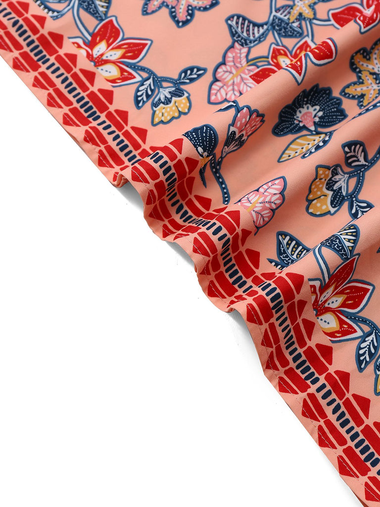 2PCS Rot 1930er Blumen Laternenärmel Ausgeschnitten Top & Gerüschtes Rock