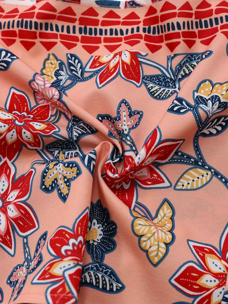 2PCS Rot 1930er Blumen Laternenärmel Ausgeschnitten Top & Gerüschtes Rock